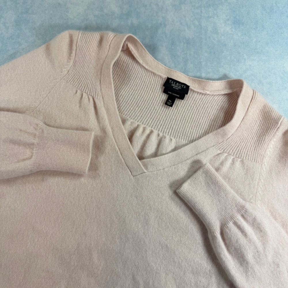 Talbots Pure Cashmere Sweater Womens Medium Petite Pink V-Neck Ribbed Knit